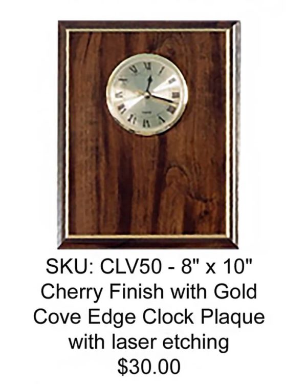 creative etching clock - cherry finish with gold cove edge plaque