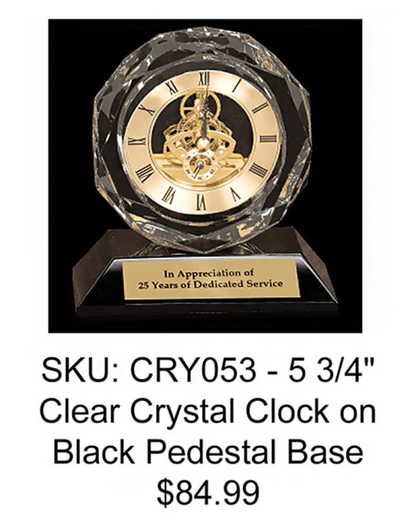 creative etching clock - clear crystal clock on black pedestal base