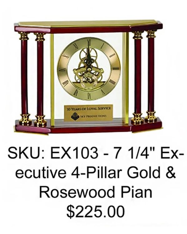 creative etching clock - executive 4 pillar gold and rosewood piano