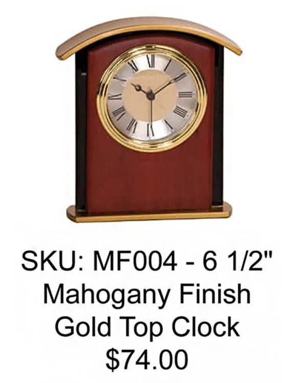 creative etching clock - mahogany finish gold top clock